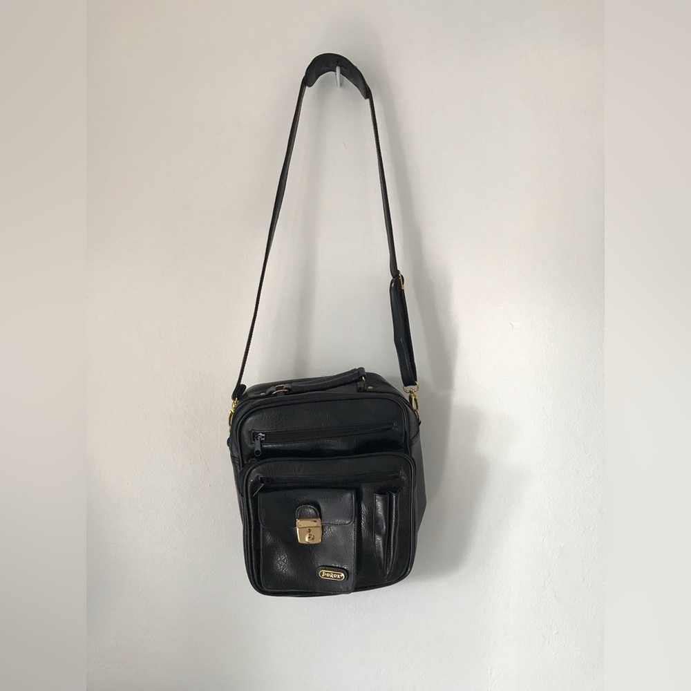Porox black leather crossbody travel bag